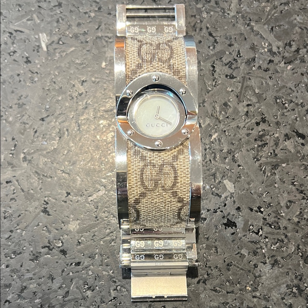 Gucci Silver and Brown Logo Bangle Women’s Watch
